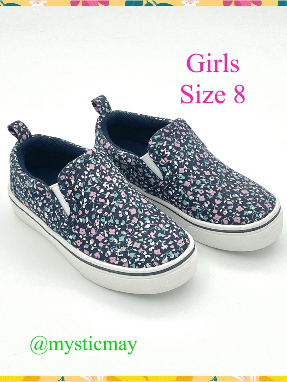 New WONDER NATION Blue Floral Canvas Slip On Sneaker Toddler Girls Size 8